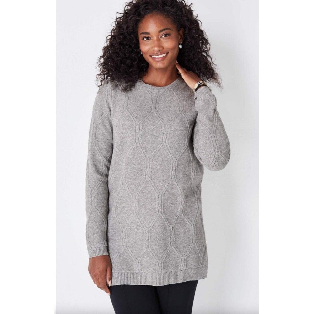 J Jill Womens Medium Cabled Crew-Neck Sweater Tunic Grey Heather Soft Flaws